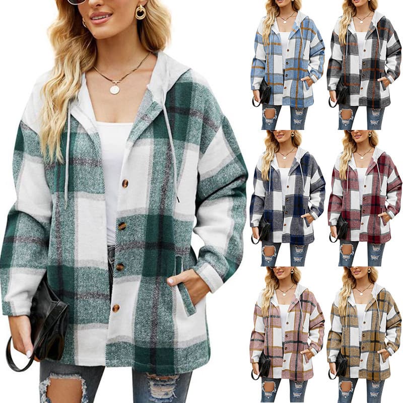 2022 Amazon Women's New Fall/Winter Plaid Coat with Hooded Casual Loose Shirt for Cross-border US/EU Market