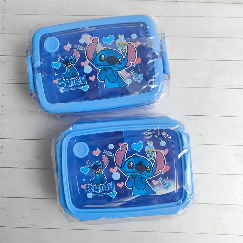 Stitch Square 3-Compartment Lunch Box Portable Student Bento Box with Soup Spoon Stitch Hand-Carryable Food Storage Container