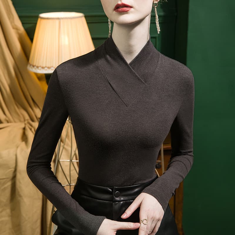 Brushed Mock Neck V-Neck Underlay Shirt for Women Slim-Fit 2022 Autumn & Winter Warm Inner Layer Long Sleeve Winter Solid Color T-Shirt Top