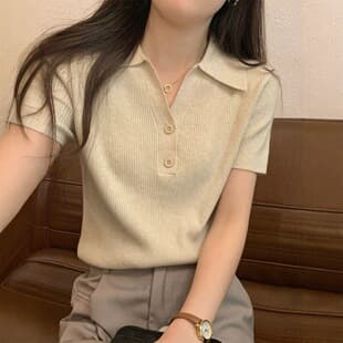 Summer Design Chic Button Polo Collar Knit Short Sleeve Top for Women Casual Slim Fit Turn-Down Collar Shoulder Top