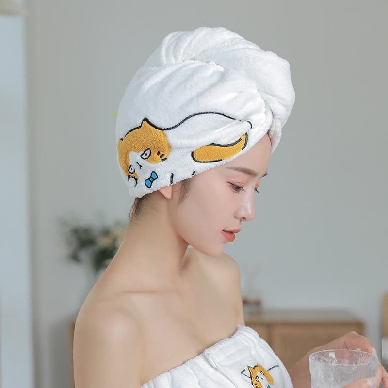 New coral velvet embroidered cartoon hair-drying hat for women absorbent thickened cute closed towel shower cap for women Wholesale