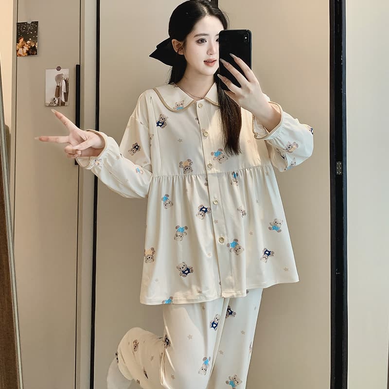 Summer Maternity Pajamas Set with Ice Silk Cotton, Thin Postpartum Nursing Two-Piece, Breastfeeding Sleepwear for Women, Spring and Autumn Home Wear