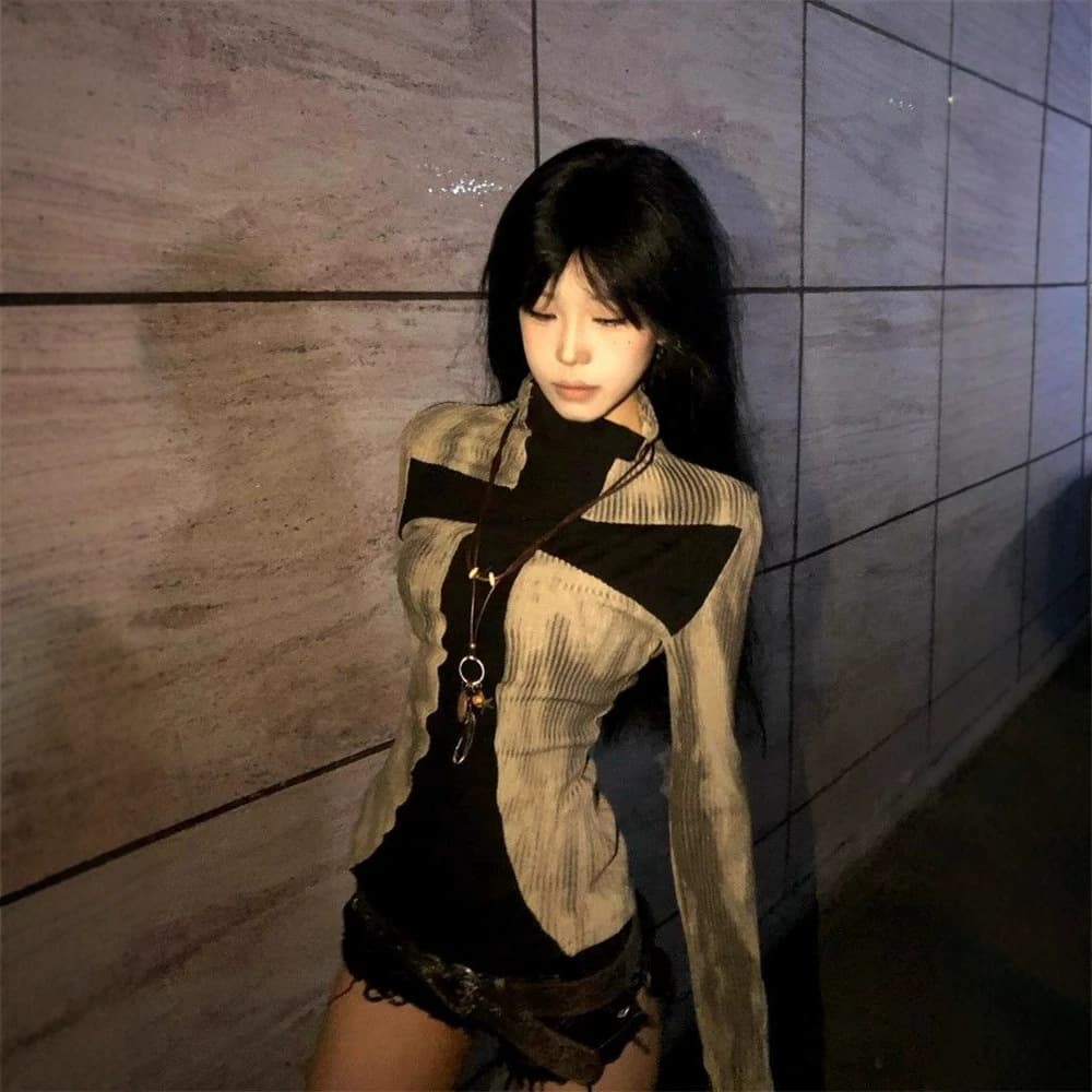 American Punk Top Women Autumn Winter Y2K Subculture Millennial Hot Girl Retro Slim Fit Cross Long Sleeve T-Shirt