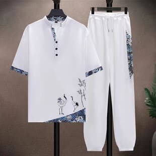 Ice Silk Men's Summer Thin Tang Suit Short Sleeve Casual Plus Size Chinese Style Loose Hanfu Ancient Style Set