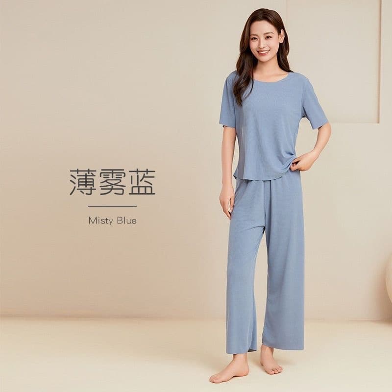 Summer Women's Ice Silk Ribbed Loungewear Set, Seamless Ice-Feel Pajamas, Women's Wide-Leg Pants, Women's Short-Sleeve