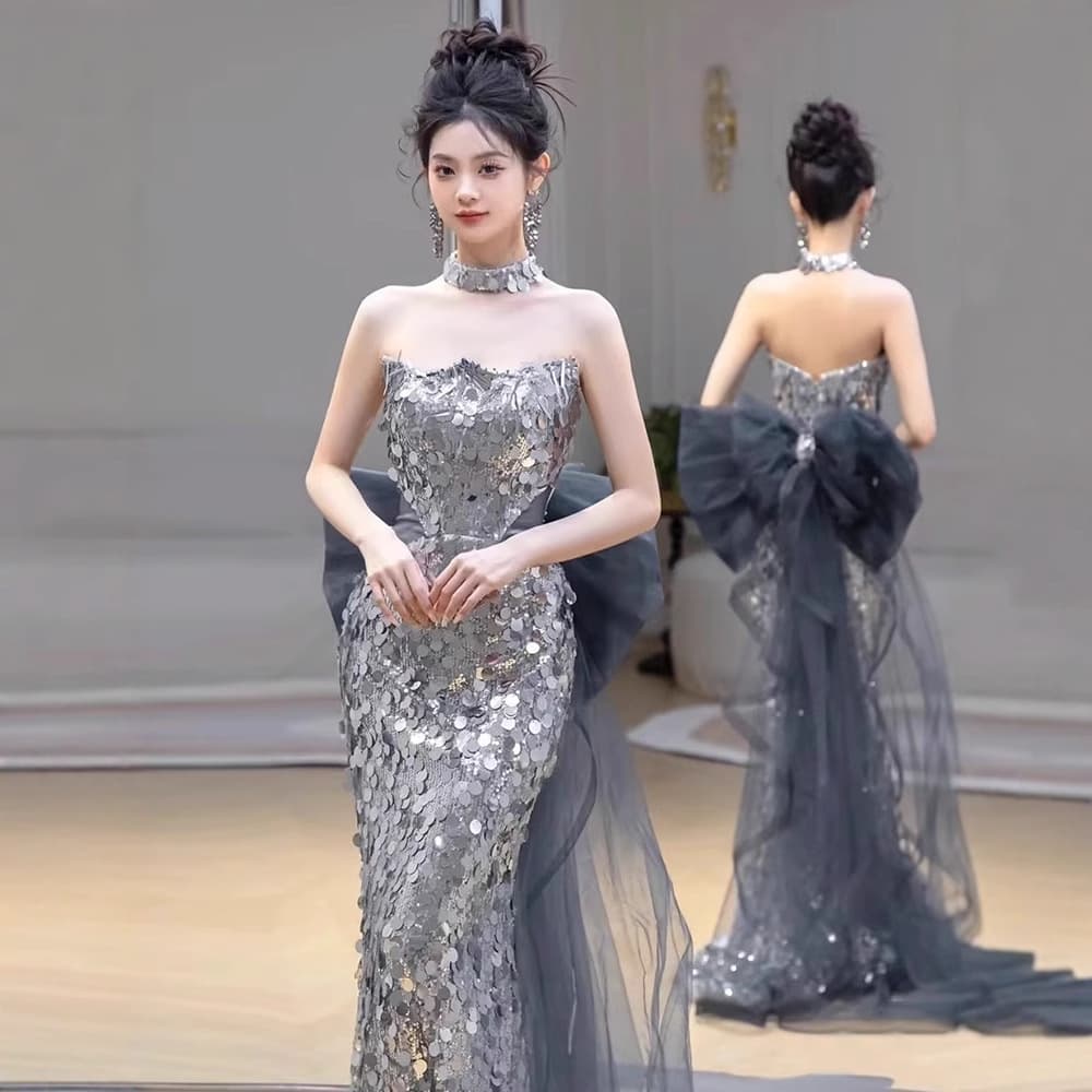 Evening dress for women, high-end sequined birthday and adult gift dress, light luxury socialite tube top host fishtail dress