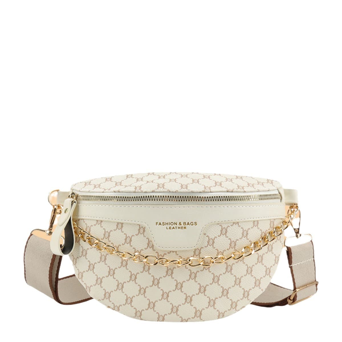 French Light Luxury Waist Bag with Monogram Chain Decoration, Soft Leather Texture, Scratch-Resistant, Multi-Compartment, Adjustable Crossbody Waist Bag