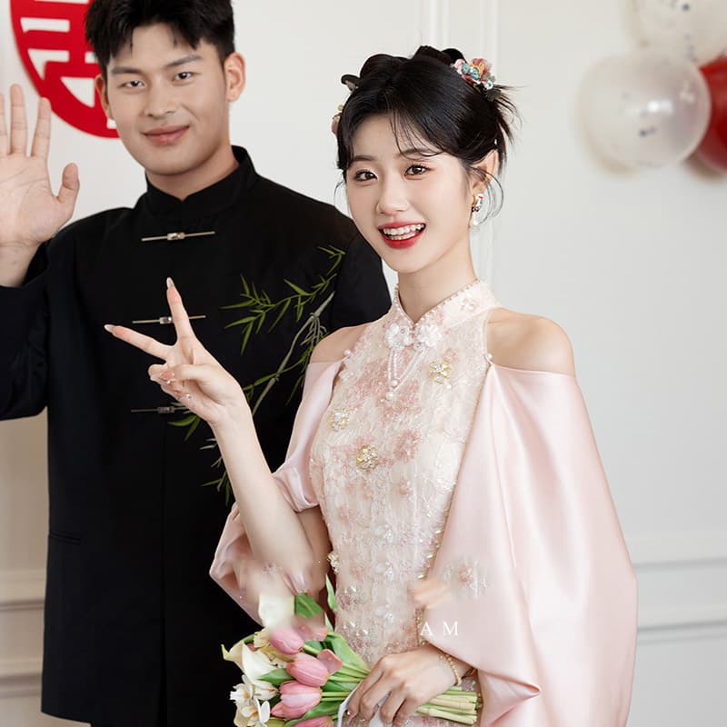 Pink Cheongsam for Toasting Dress Spring Autumn New Chinese Style Wedding Dress Elegant High-End Bride Morning Robe Women