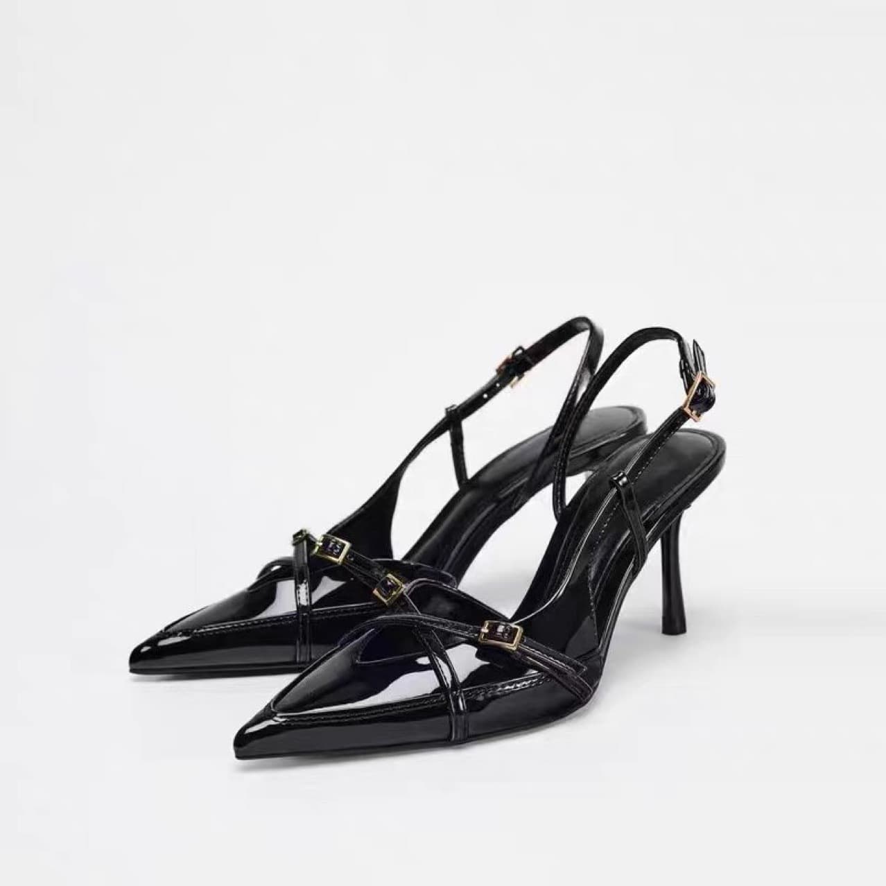 ZA2025 Summer New Black Buckle Decoration Pointed Toe Closed Toe Sandals Women British Style One-Strap High Heels Women