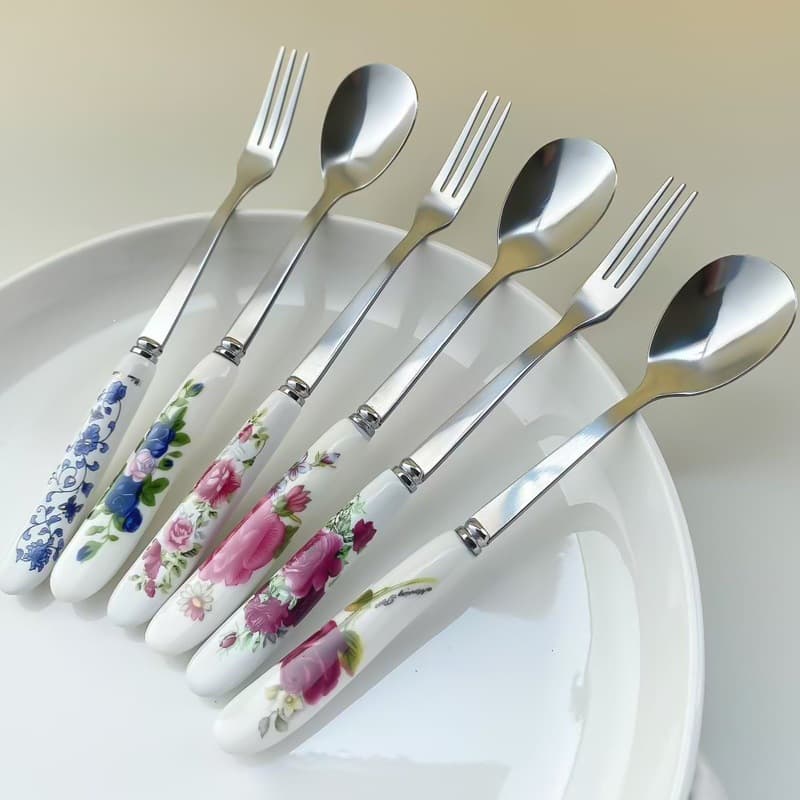 Ceramic handle stainless steel spoon Korean decal coffee spoon long handle stirring spoon small ice fork fruit fork dessert spoon