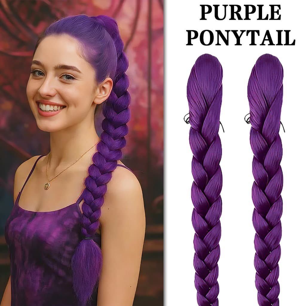 Purple Long Straight Ponytail Wig with Braids for Women, Synthetic High-Temperature Fiber Colorful Braided Ponytail Hair Extension