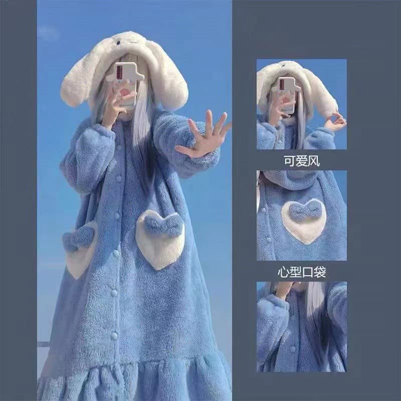 Adorable Cartoon Coral Fleece Sleep Robe Strawberry Bear Big Eyes Bear Home Clothes Couple Warm Sleepwear Autumn Winter