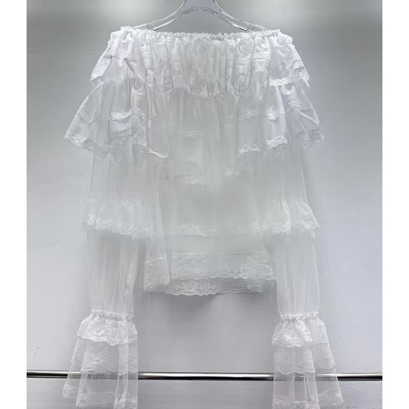 French new style Korean fashion casual lazy pure-desire mesh lace-trimmed bell-sleeve sheer top trendy.