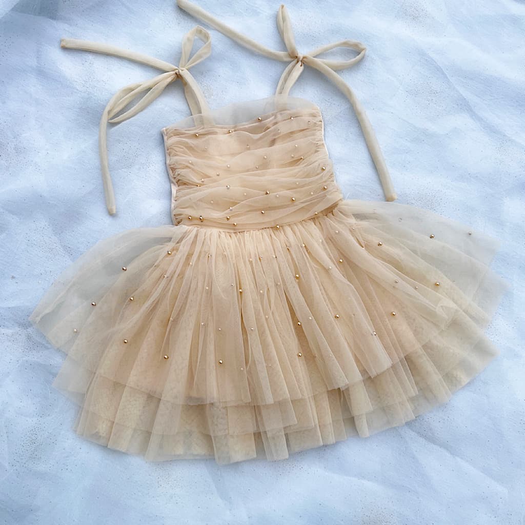 Girls' Summer New Spaghetti Strap Tutu Dress, Elegant Pearl Mesh Dress, Formal Dress for Girls