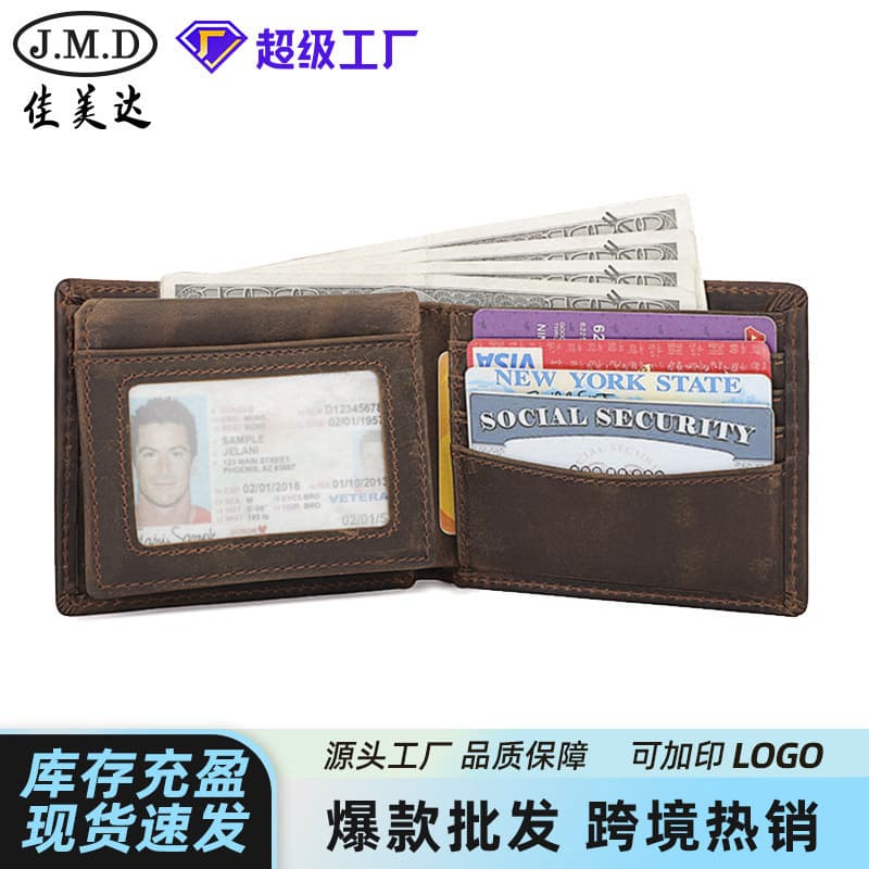 Top Grain Leather Wallet RFID Anti-Scan Horizontal Style Multi-Card Slot Money Clip Wallet Handmade Stitching Vintage Style