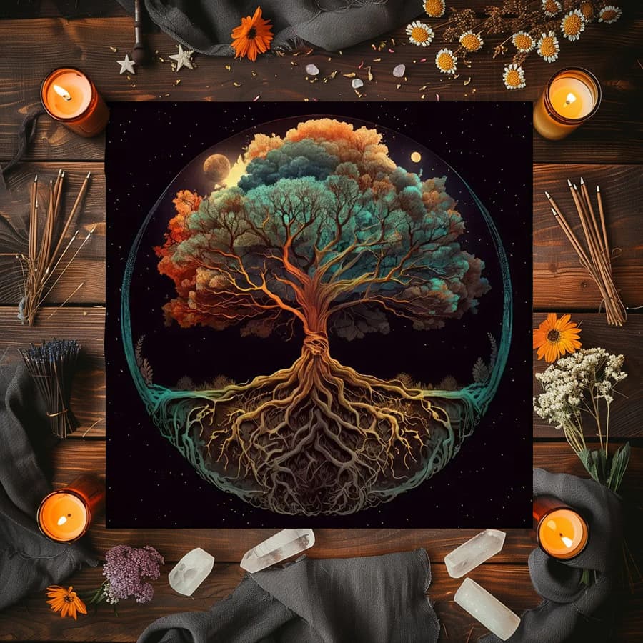 Cross-border hot selling retro moon phase tree of life altar cloth five-star tarot card black oracle mat tarot tablecloth mat