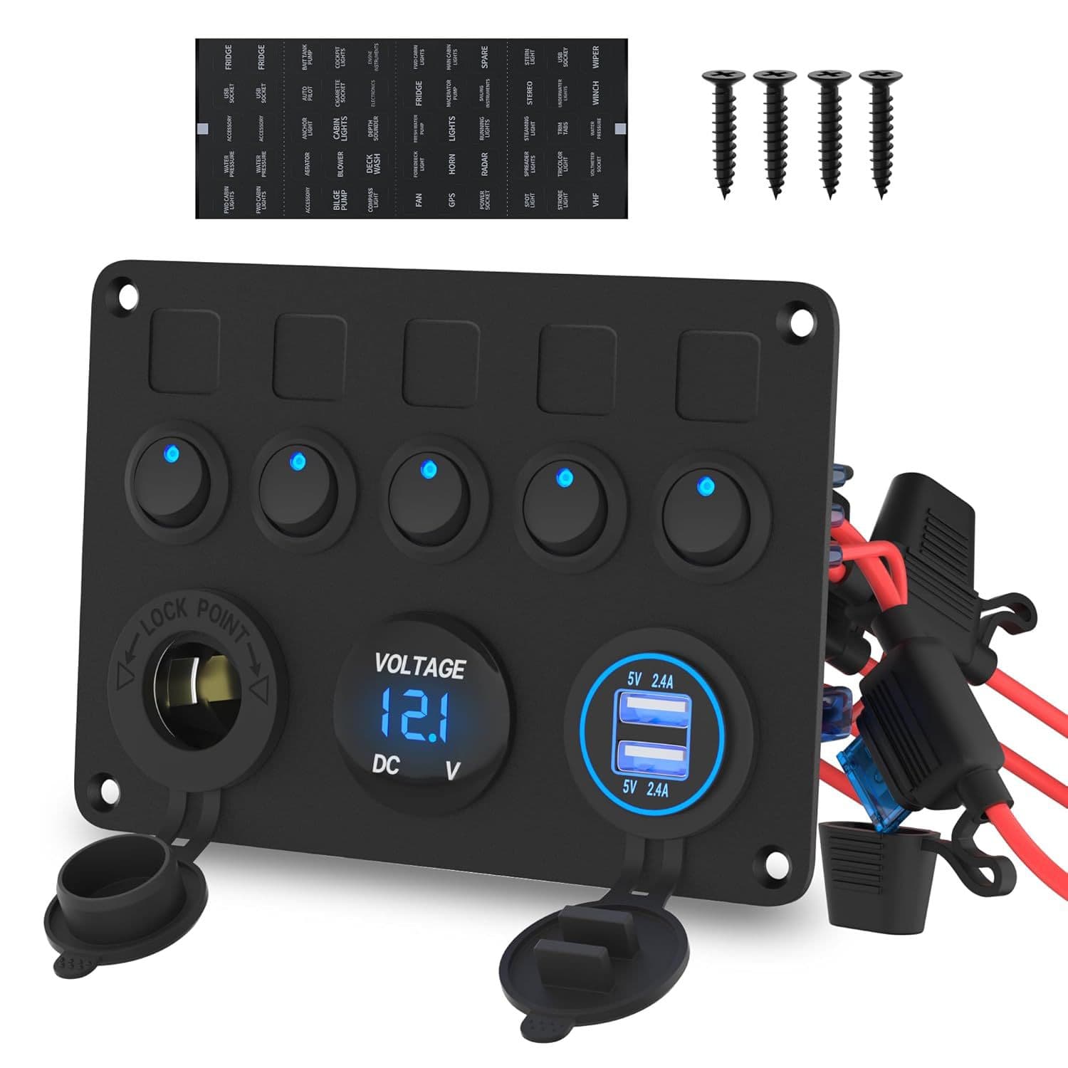 5-Position Cat Eye Switch with Cigarette Lighter Dual USB Voltmeter Car Combination Panel Modified Switch 12-24V
