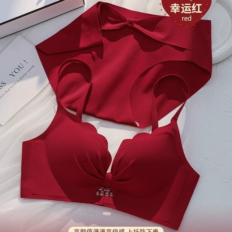 Factory Direct Zodiac Year Red Set Underwear Women Small Bust Push Up Wedding Bride Side Fat Reduction Anti Sag Bra