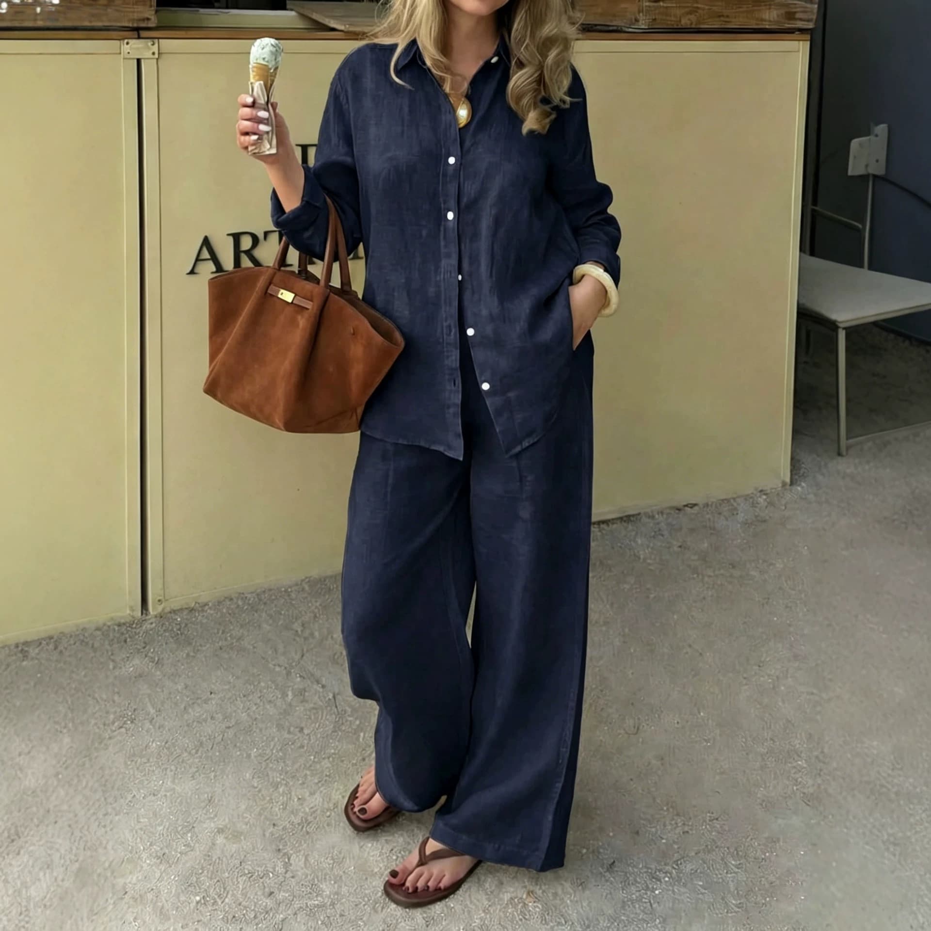 2026 Simple Linen Two-Piece Set: Notch Lapel Long-Sleeve Shirt with Straight Wide-Leg Pants, Casual Urban Commuter Suit