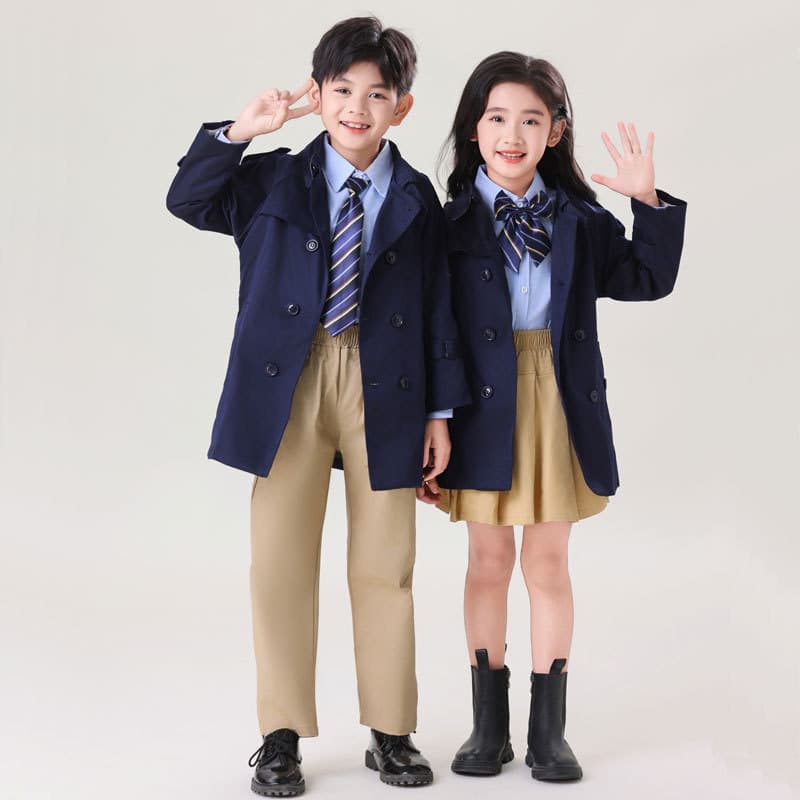 Children's Trench Coat School Uniform Set British Style Boy Trench Coat Primary and Secondary School Class Uniform Kindergarten Suit Performance Costume