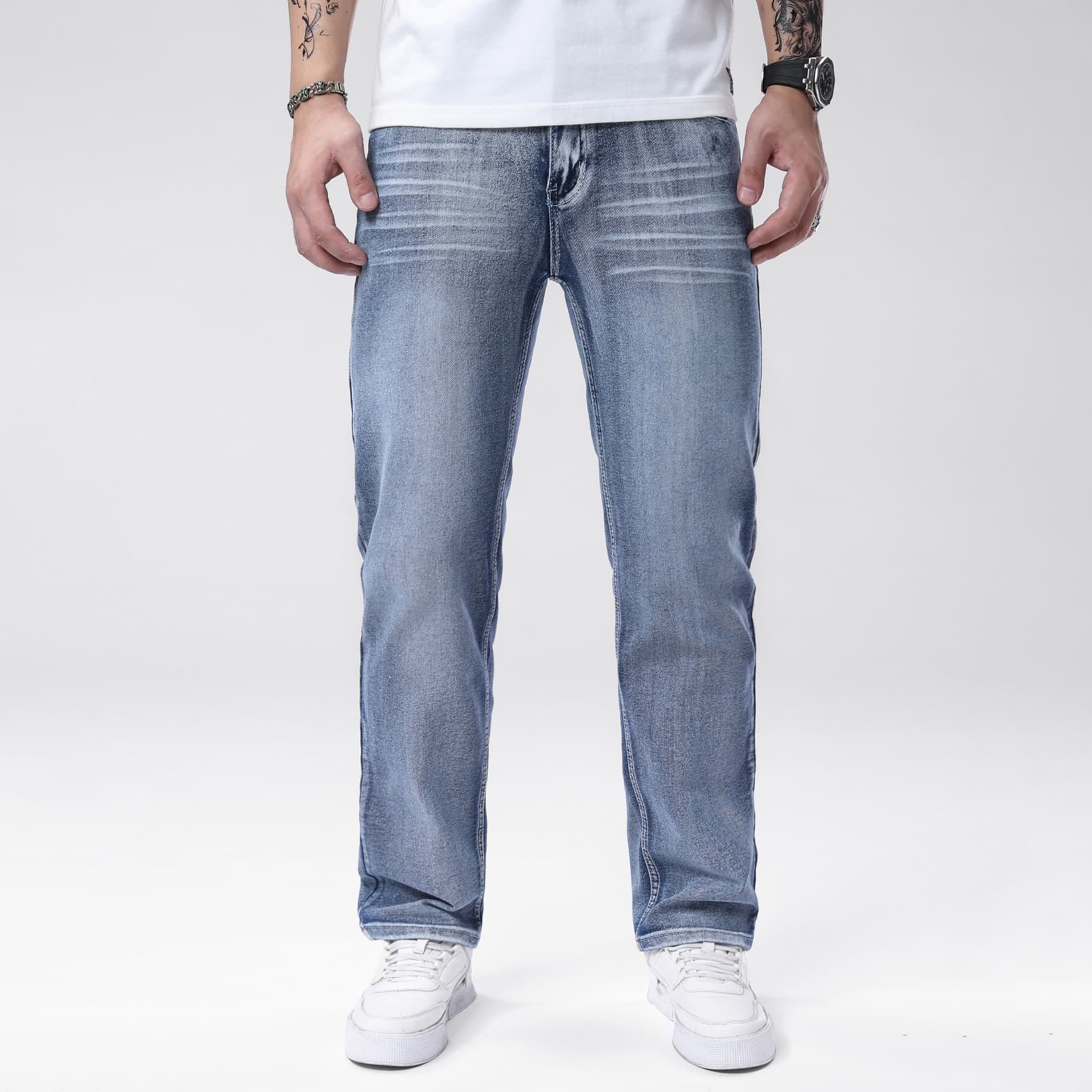 Foreign order cross-border temu European men's jeans stretch blue slim fit loose straight washed casual men's trousers