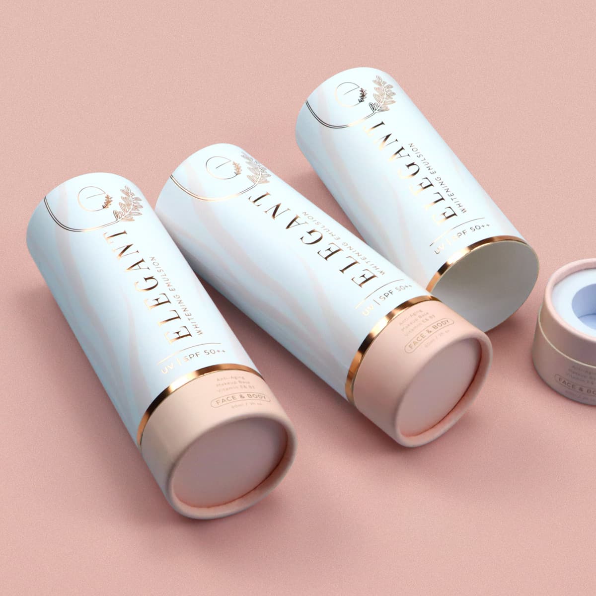 Custom-made round packaging boxes for cosmetics and essential oils, including hot-stamped kraft paper cylindrical glass bottles, perfume paper jars, and paper tubes.