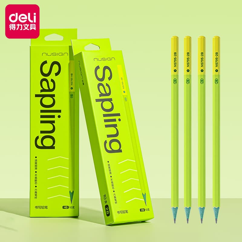 Deli Nusai Green Wood Pencil for Elementary Students HB Writing Pencil 2B Exam Pencil Children's Sketch Drawing Pencil