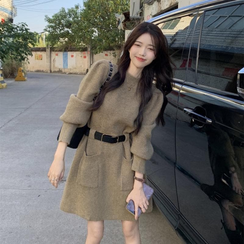 Autumn/Winter Petite Waist-Cinching Internet Sensation Korean Style Unique Thickened Knit Dress Base Layer Inner Wear Sweater Dress