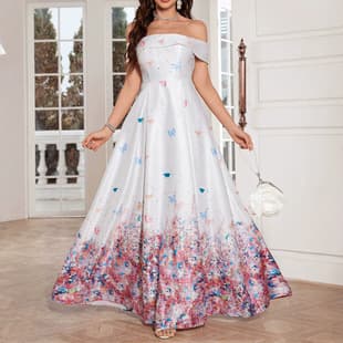 Off-shoulder Butterfly Print Evening Gown Women Waist-cinching Full Skirt Long Princess Dress Banquet Wedding Bridesmaid Dress