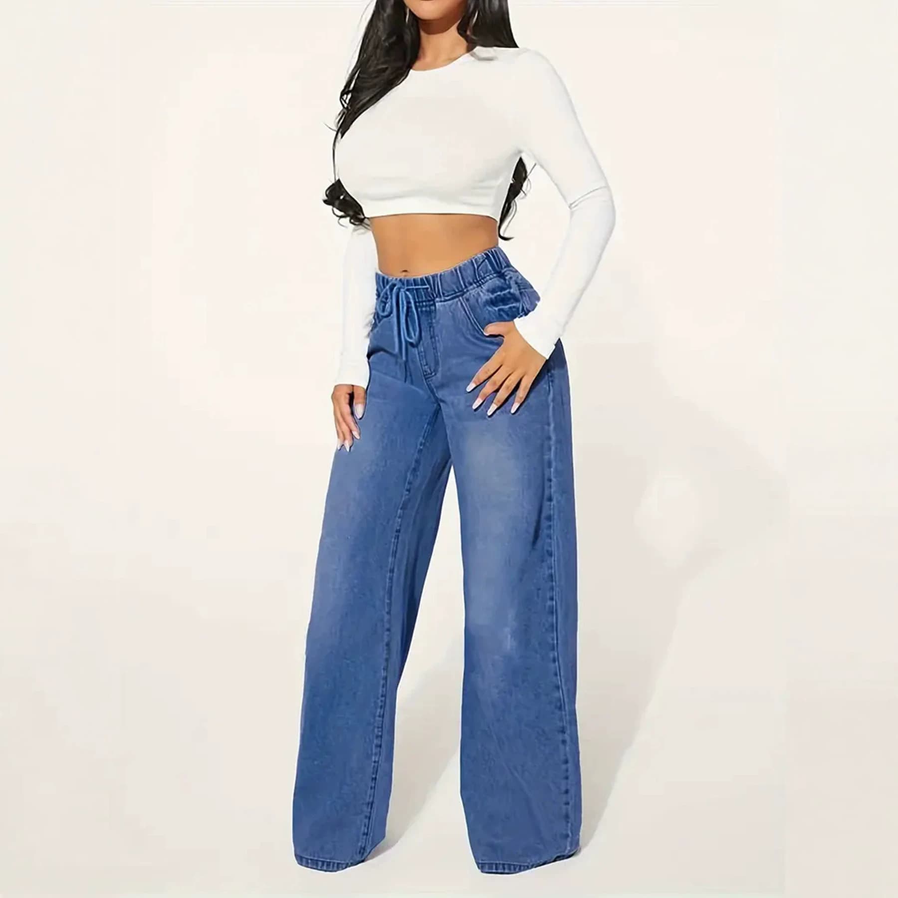 European and American cross-border foreign trade hot-selling European and American size retro fashion elastic wide-leg women's jeans jeans