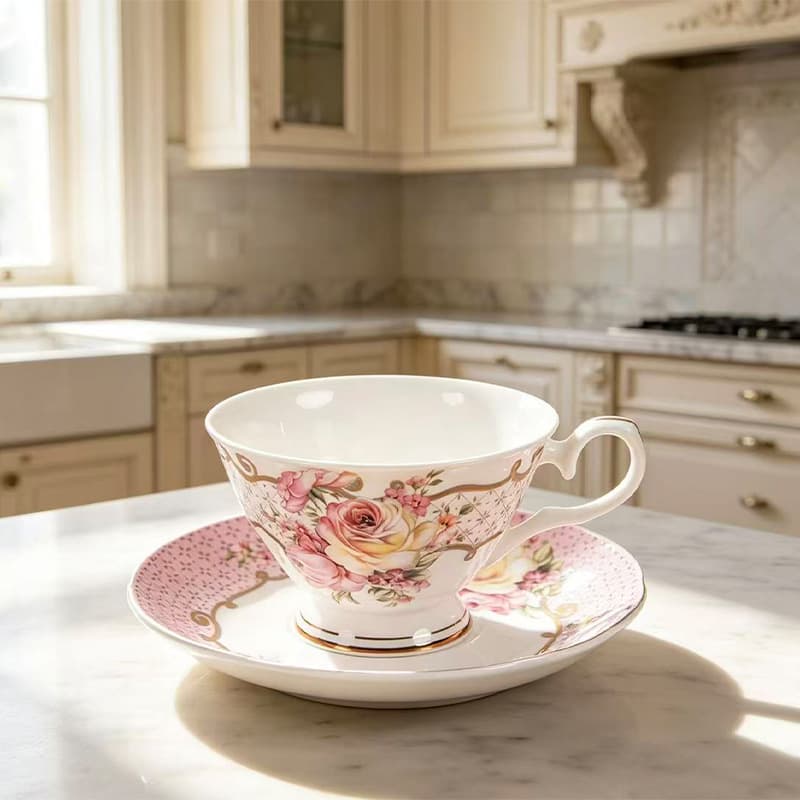 European Style Floral Bone China Coffee Cup and Saucer, Export to Europe and America, Household Ceramic Water Cup, Cross-border Ceramic Cup, Breakfast Cup