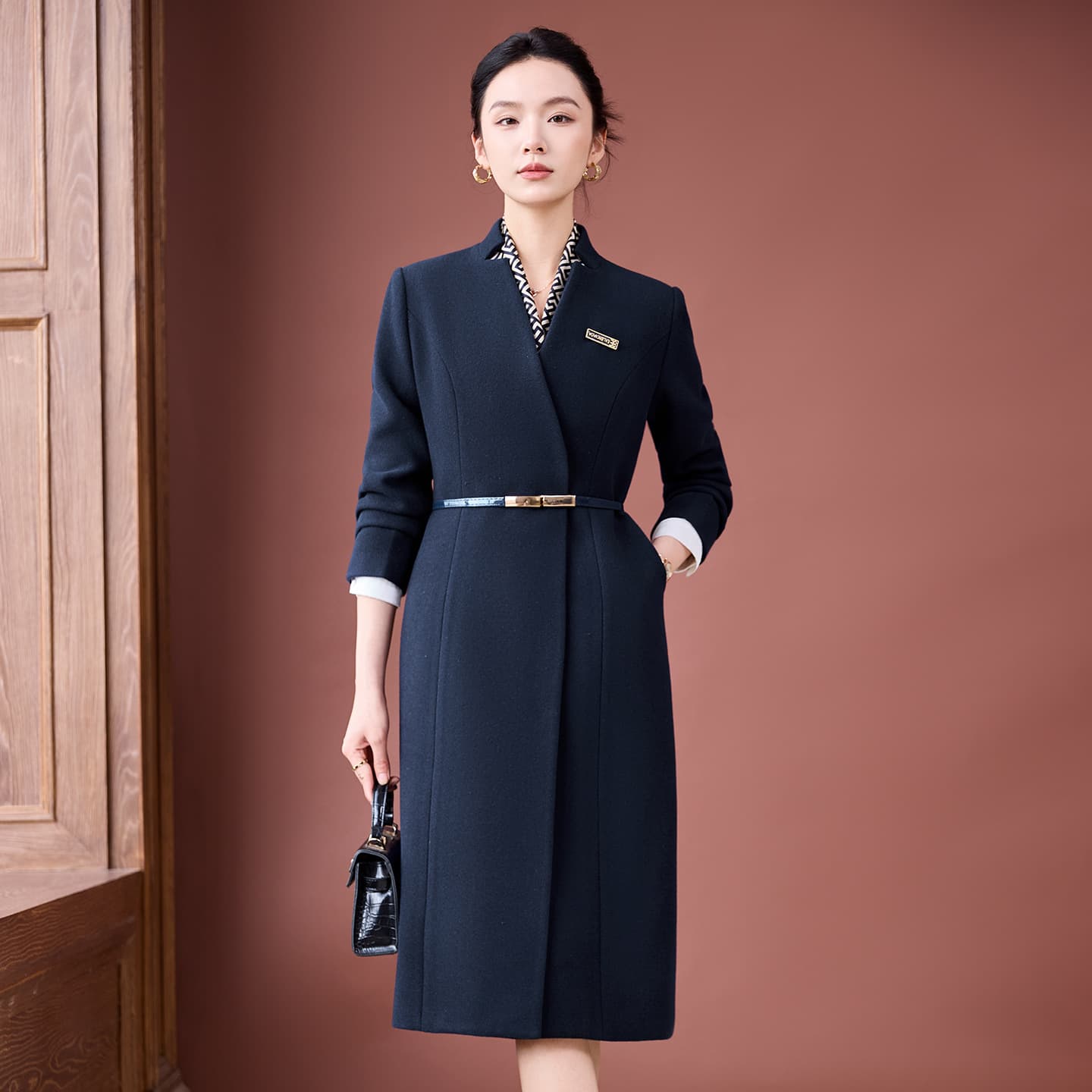 Navy Blue Professional Wool Coat for Women Winter Thick Hotel Front Desk Jewelry Store Workwear Long High-End Overcoat