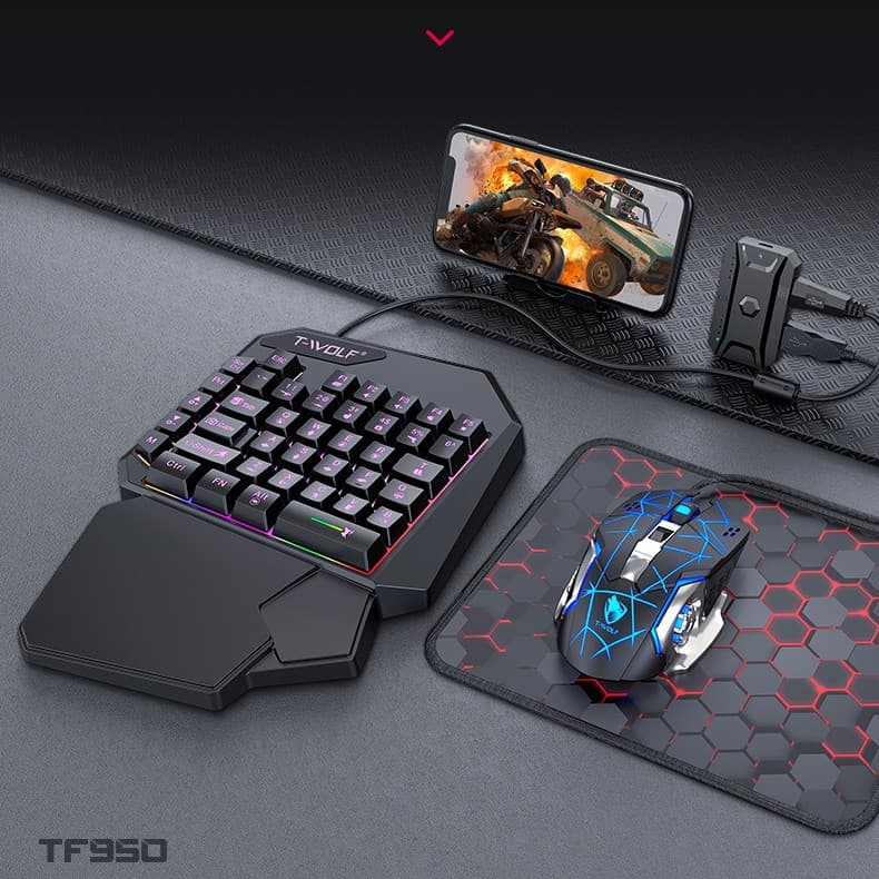 TWOLF TF950 PUBG 5-Piece Gaming Peripheral Set: One-Handed Keyboard, Mouse, Throne Converter, Mouse Pad, Stand
