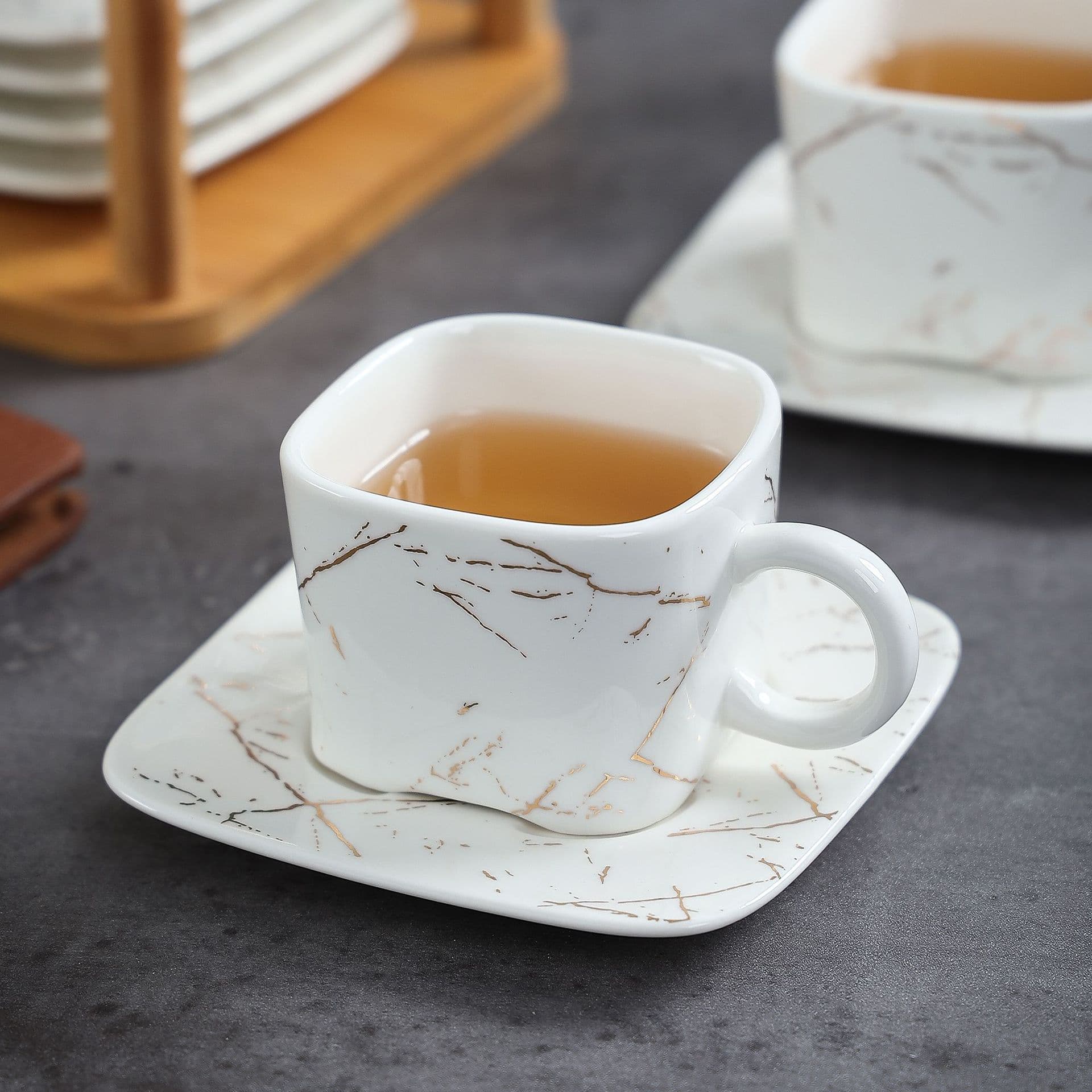 New Creative Marble Pattern Tea Set Nordic Style Ceramic Cup Saucer Candle Warmer Teapot Set