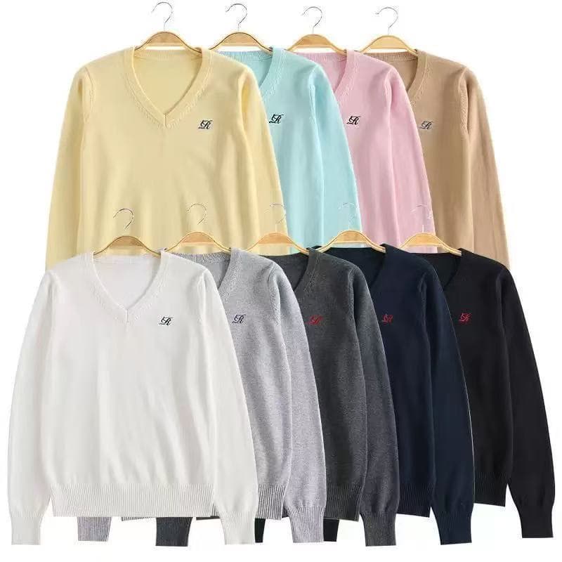 Yizhixin 25 Autumn/Winter Style Embroidered Basic Versatile Knitwear Solid Color Knit V-neck Pullover Long Sleeve Sweater JK