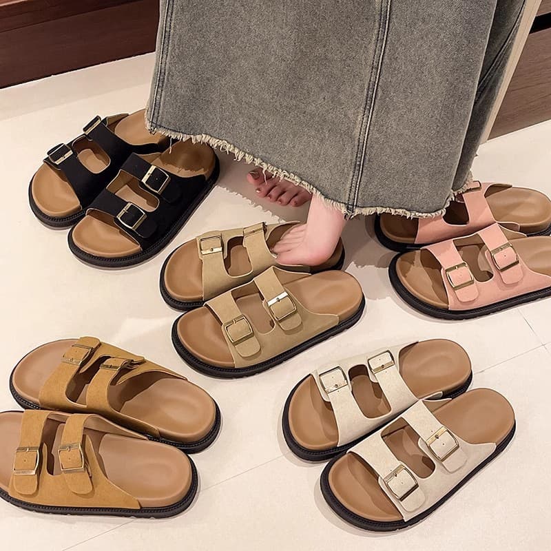 Thick Sole Slide Sandals for Women 2025 Summer New Retro Birkenstock Style Beach Casual Flat Sandals