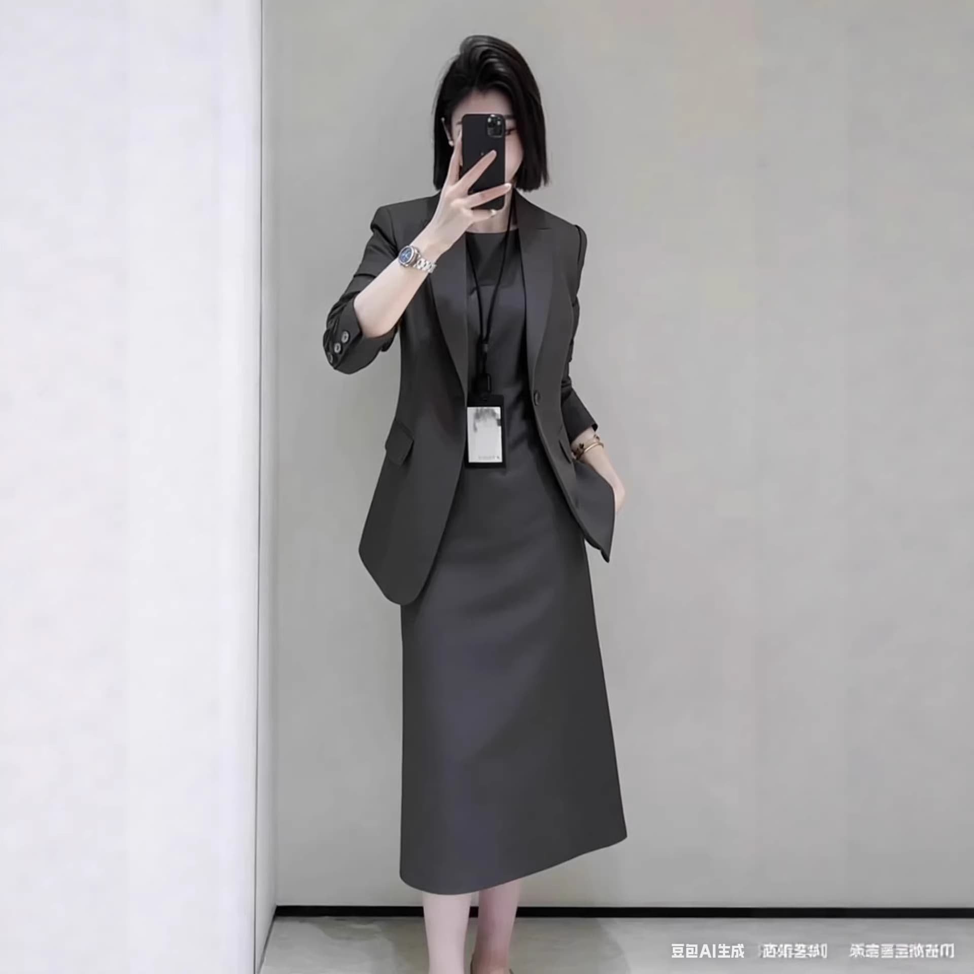 Spring and Autumn New Plus Size Gray Suit Skirt Set for Women, Korean Style Blazer Dress Two-Piece 25160