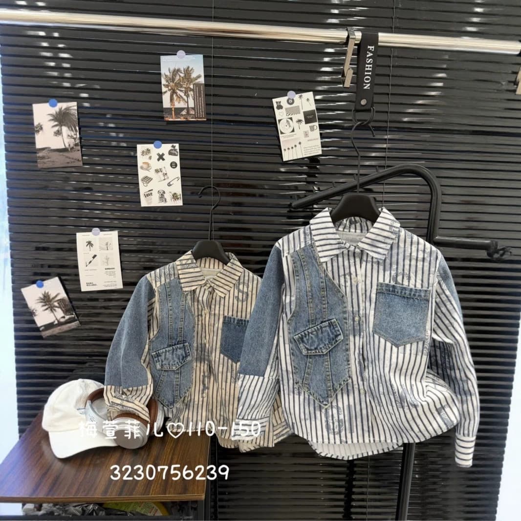 Children's Shirt 110-150 Size Huzhou Zhili Children's Clothing Autumn Korean Style Casual Denim Patchwork Turn Down Collar Shirt