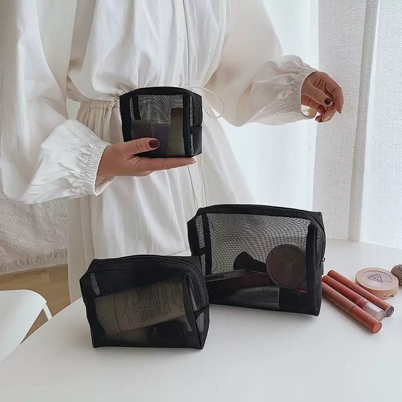 Cross-Border 3-Piece Mesh Toiletry Bag, Women's Cosmetic Bag, Portable Travel Bag, Transparent Lipstick Storage Bag