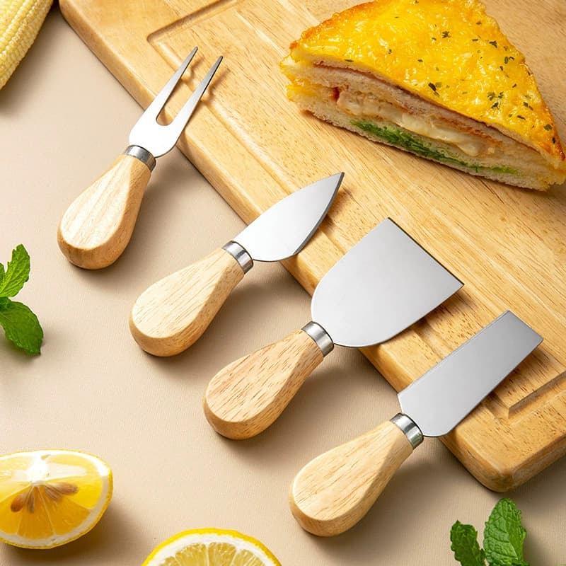 Stainless Steel Rubber Wood Handle Cheese Knife 4-Piece Set Butter Cutter Pizza Cheese Knife Cheese Fork and Spatula Set