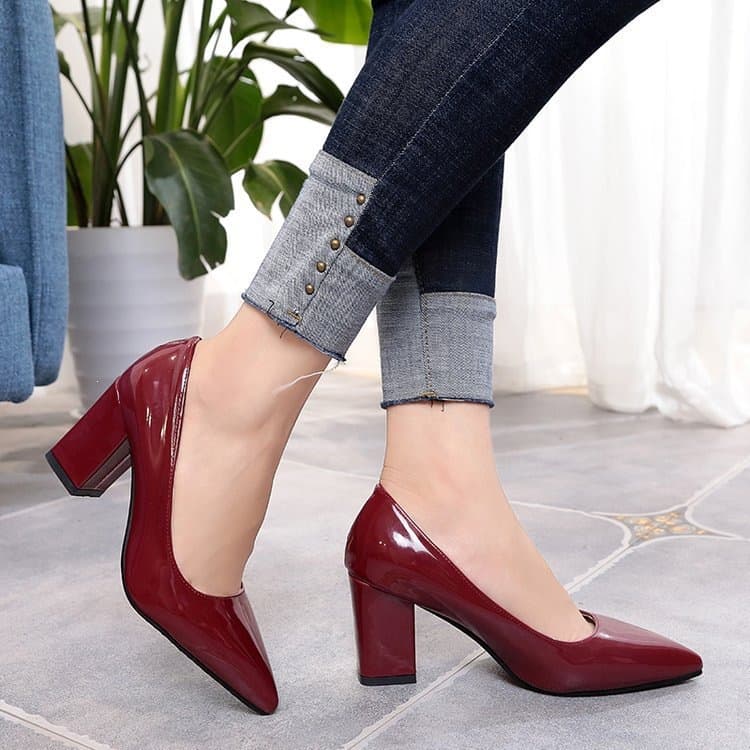 Women's High Heel Shoes, Shallow Mouth, Autumn, Chunky Heel, New PU, Solid Color Work Shoes, Corrected Leather, Low Top, Pointed Toe, Red