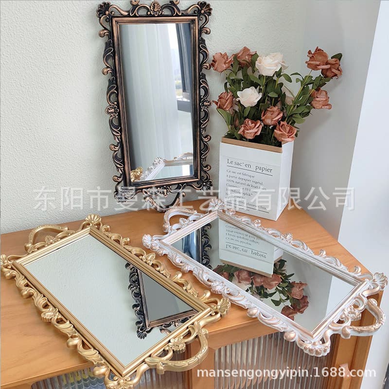 European light luxury style ins gold storage tray dessert table cake plate plastic mirror storage tray photo props