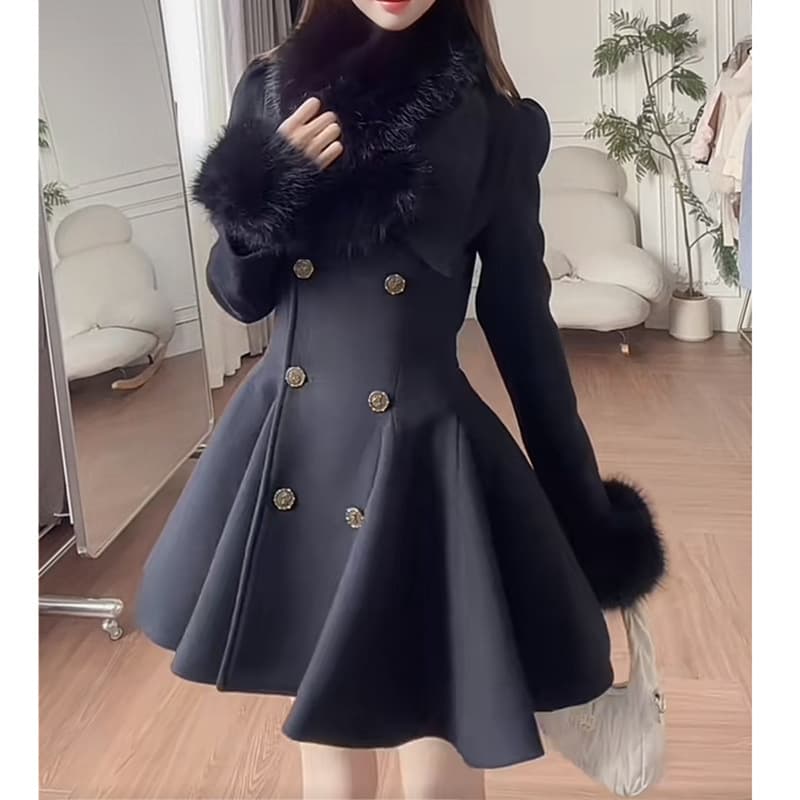 French Chic Wool Blend Coat for Women Winter Thick Warm Waist-Cinching Elegant Fur Collar Woolen Overcoat