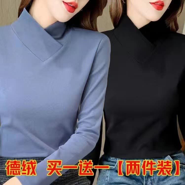 Double-Sided German Velvet Base Layer Top for Women, Autumn/Winter New Arrival, Versatile Inner Layer, Slimming Cross V-Neck, Stylish High-Neck T-Shirt, Trendy