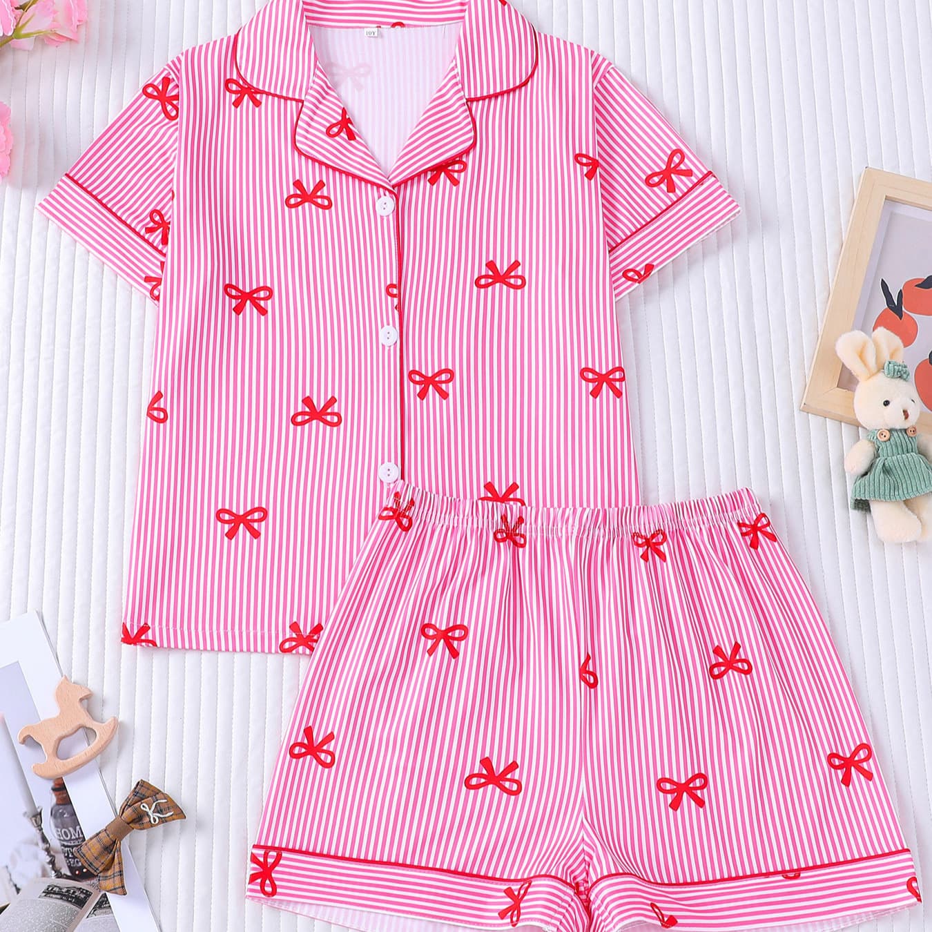 Cross-border Flame Retardant Fabric Girls Pajamas Striped Bow Print Cardigan European American Children's Pajamas Loungewear Set