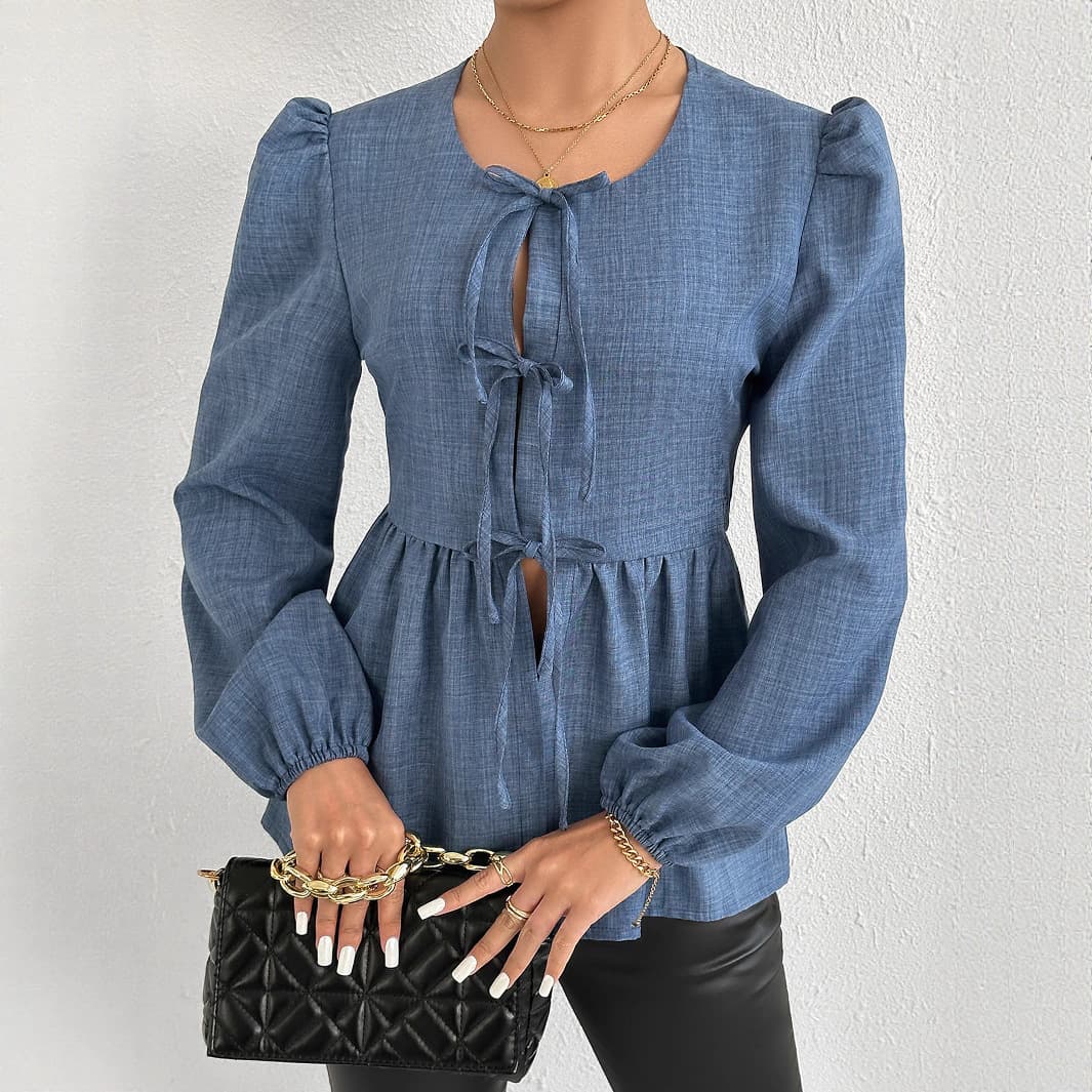 2025 spring and summer new cross-border women's casual printed V-neck lantern sleeves lace-up fashion cardigan tops for women