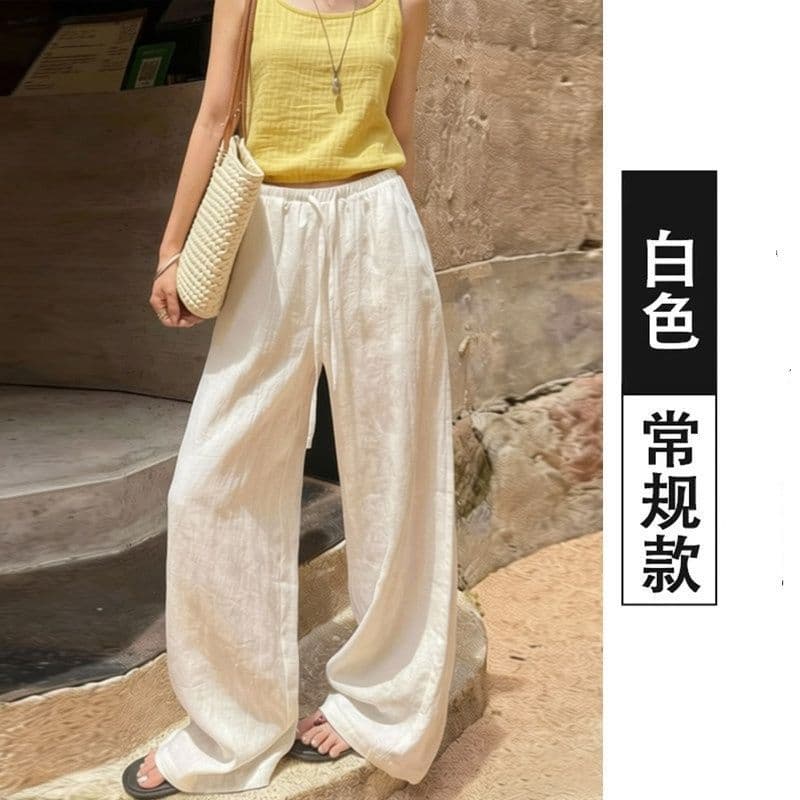 Navy Blue Cotton Linen Wide Leg Pants for Women Summer Thin Drape Loose Relaxed Old Money Style Narrow Straight Linen Trousers