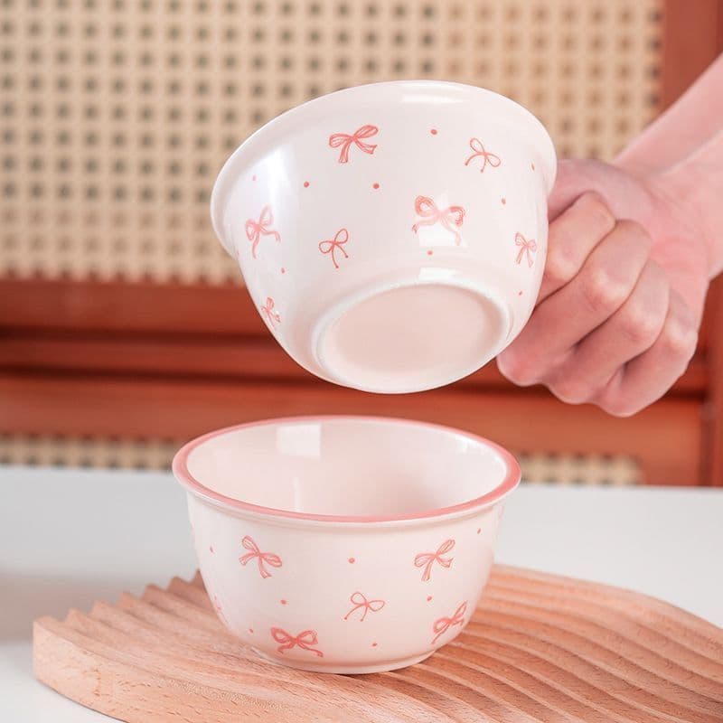Bowknot Ceramic Rice Bowl High-Aesthetic Tableware Underglaze Color Household Ceramic Rice Bowl Noodle Bowl Dessert Bowl Spoon