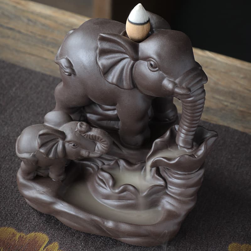Inverted Flow Purple Clay Elephant Mother And Son Home Decorative Items Incense Burner Handmade Mechanical European Style