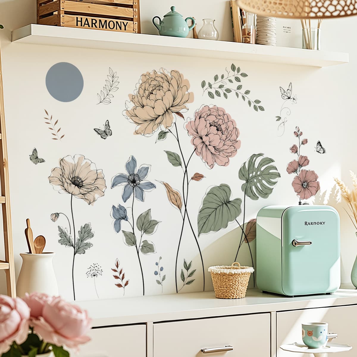 Retro plant bouquet wall decoration painting kitchen cabinet door panel beautification sticker cross-border hot selling wall sticker 69419